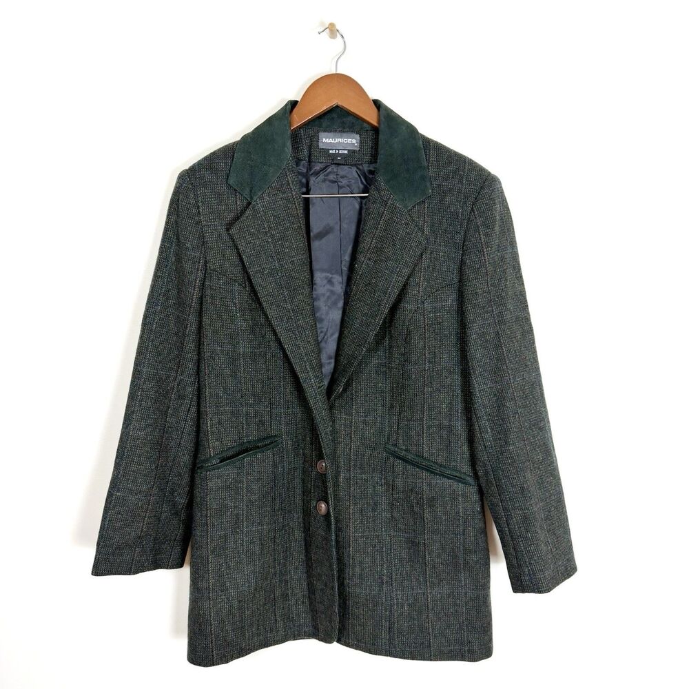 Vintage Forest Green Wool & Suede Blazer Jacket Long Women's